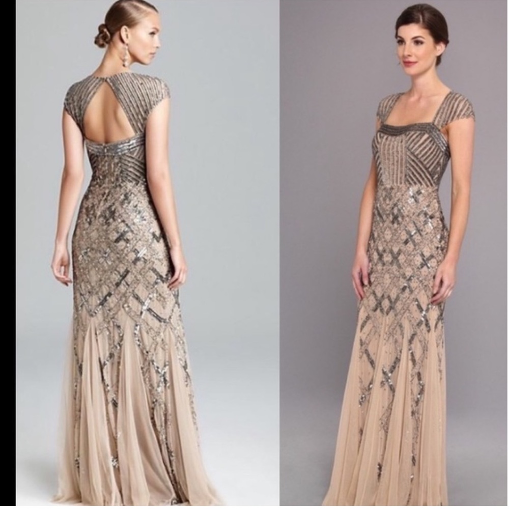 Adrianna Papell Nude Cap Sleeve Beaded Dress Square Neck Size 6